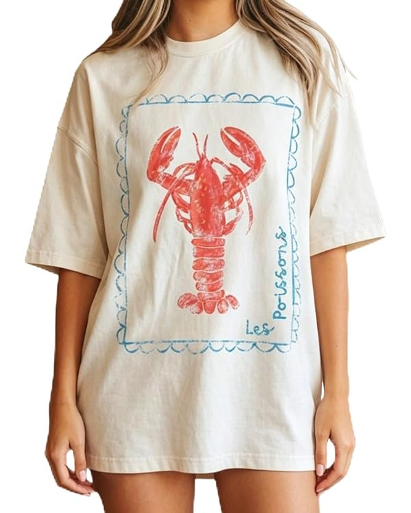 Cute Oversized Graphic Tee Teens Women Crab Fish Sardine Crawfish Lobster Shirt Y2k Summer T Shir... | Amazon (US)