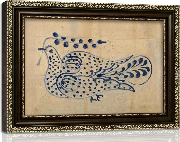 Vintage Gold Framed Wall Art, Antique Blue Folk Art Bird Print on Beige Background, Rustic Primit... | Amazon (US)