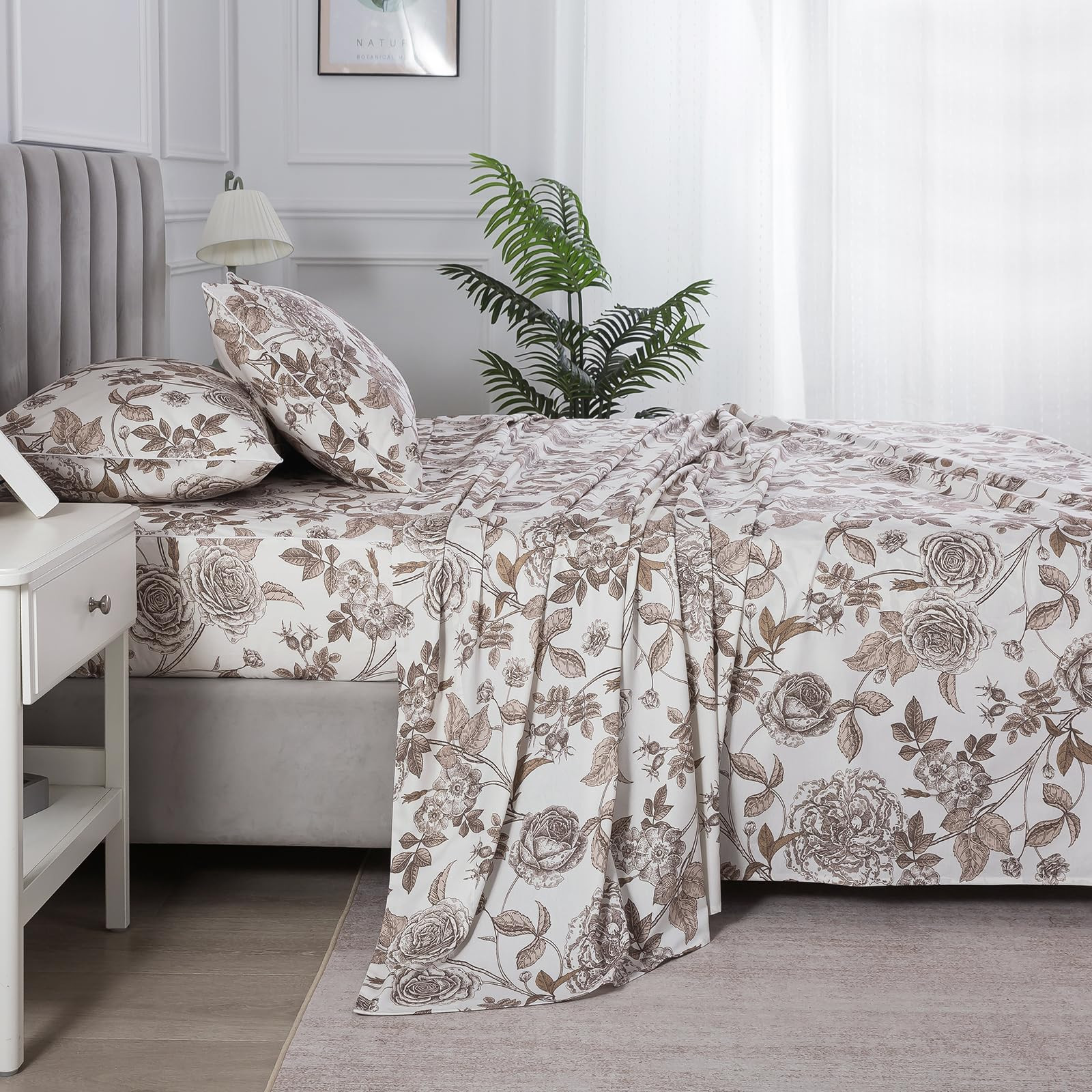 Light Brown Floral Percale Sheets, King Size 100% Cotton Vintage Khaki Flower Bed Sheets, Deep Po... | Amazon (US)