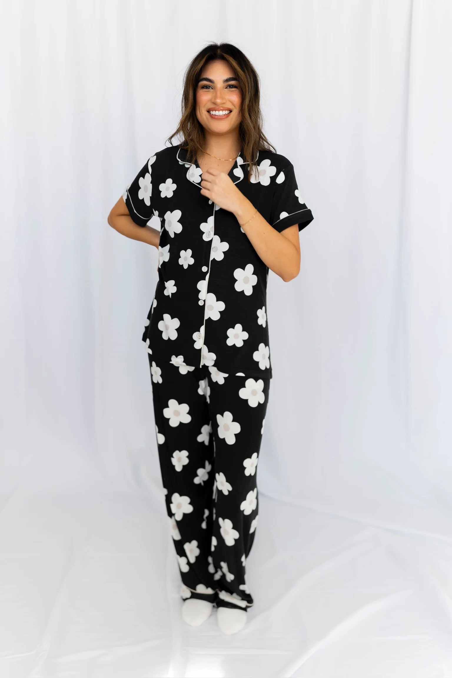 Black Daisy Ribbed Pajama Set | Shop Staykation