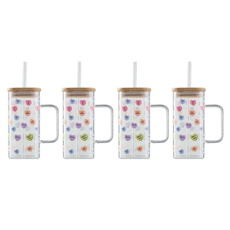 Way to Celebrate Conversational Hearts Square Can Glass with Bamboo Lid and Plastic Straw , 4Pack... | Walmart (US)