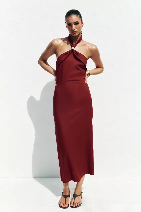 LINEN HALTER MIDI DRESS | Zara US