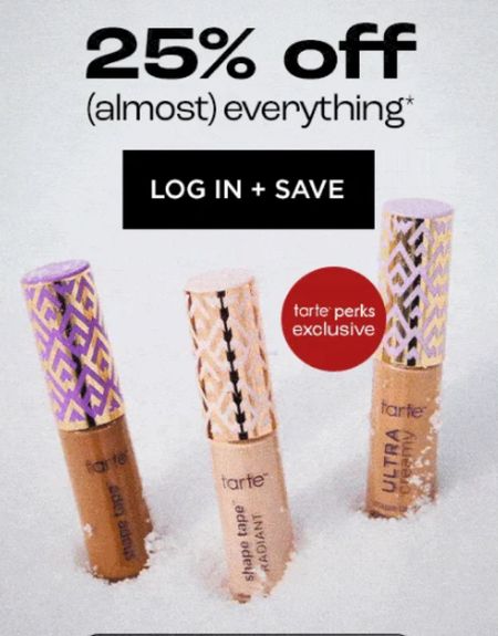 Tarte perks exclusive! Log in and save 25% off almost everything! All you need to do is join Tarte perks or sign into your account and use code: PERKS25

#LTKover40 #LTKsalealert #LTKbeauty