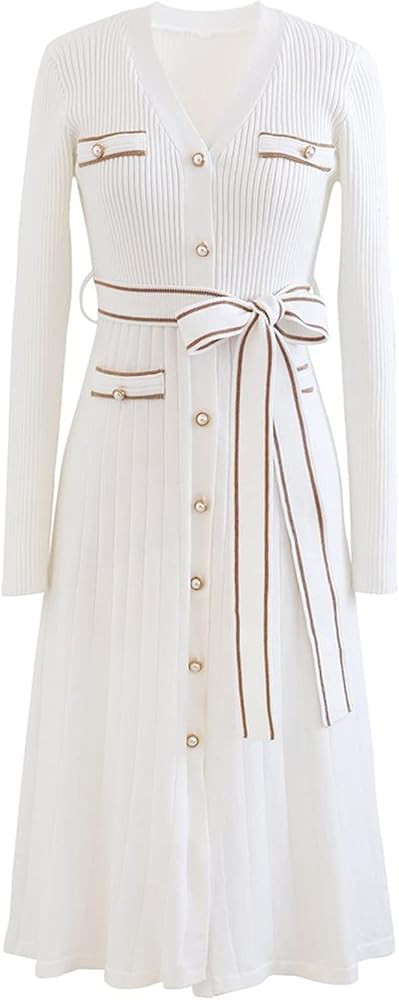 CHICWISH Women's White V-Neck Shimmer Contrast Line Buttoned Knit Dress | Amazon (US)