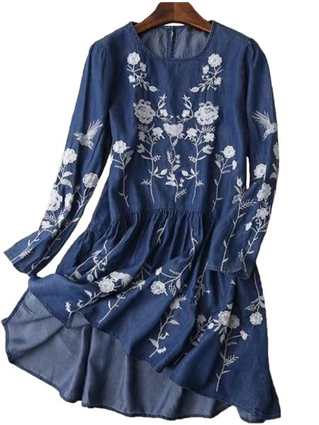 'Helena' Embroidered Dark Blue Chambray Dress | Goodnight Macaroon