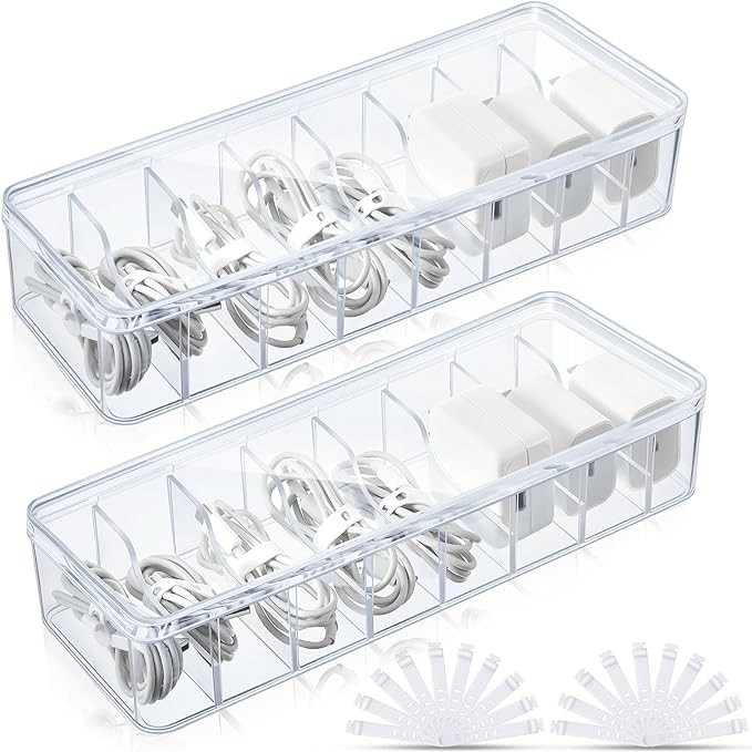 Tatuo 2 Pcs Cable Organizer Box with Wire Ties, Plastic Cord Storage Box with Lid, Electronics Or... | Amazon (US)