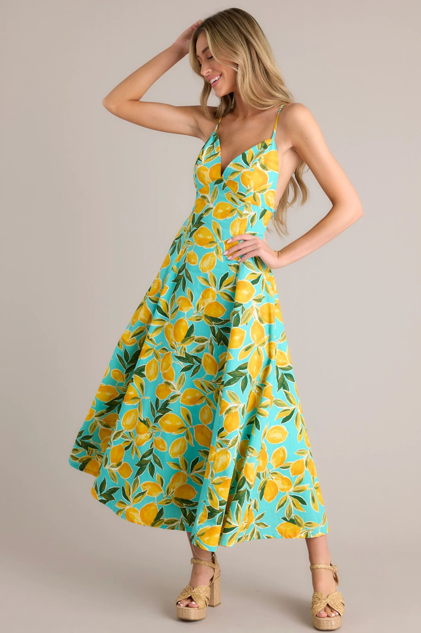 Sunshine Squeeze Aqua Lemon Print Midi Dress | Red Dress