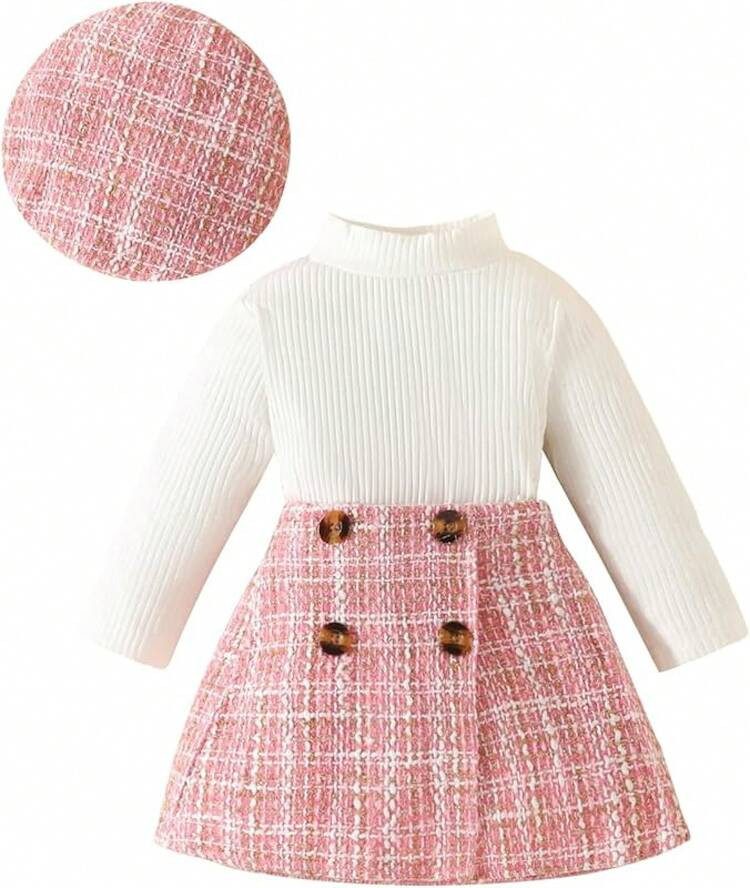 Toddler Girl Skirts Outfit Ribbed Long Sleeve Tops Plaid Tweed Pattern Skirt Beret Baby Fall Winter Clothes | SHEIN