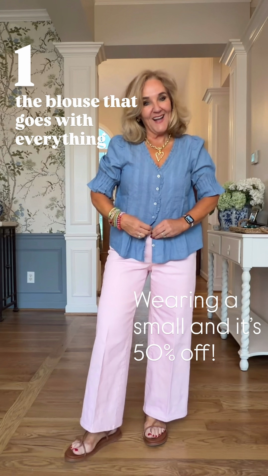 Get this chambray top. I sized down to a small. Don’t miss your size. 
Other sizing below 
Pink jeans 8 
Striped skirt small 
Leopard linen skirt 8 petite 
Linen blazer medium 
Linen pants 8 petite 
Red jeans 29 reg 
White raw hem wide leg leave 29
Spanx terra cotta jeans medium petite
Avara 15% off code NANETTE15
Allie & Bess 20% off code NANETTE20

#LTKOver40 #LTKSaleAlert #LTKootd