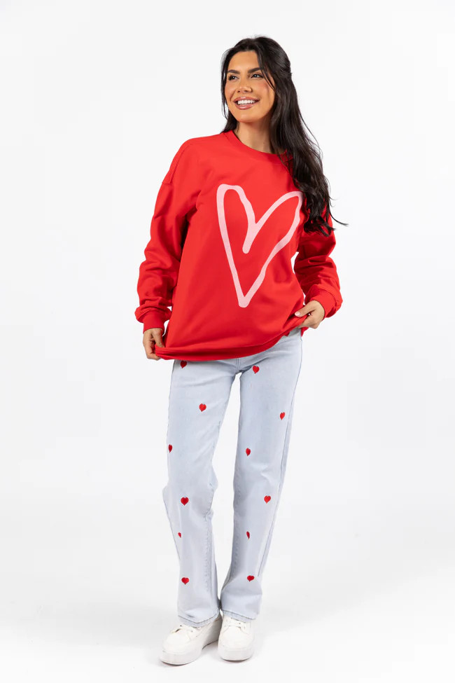 Heart Sketch Red Oversized Graphic Sweatshirt | Pink Lily