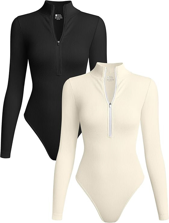 TOB Women's 2 Piece Bodysuits Sexy Ribbed One Piece Zip Front Long Sleeve Tops Bodysuits | Amazon (US)