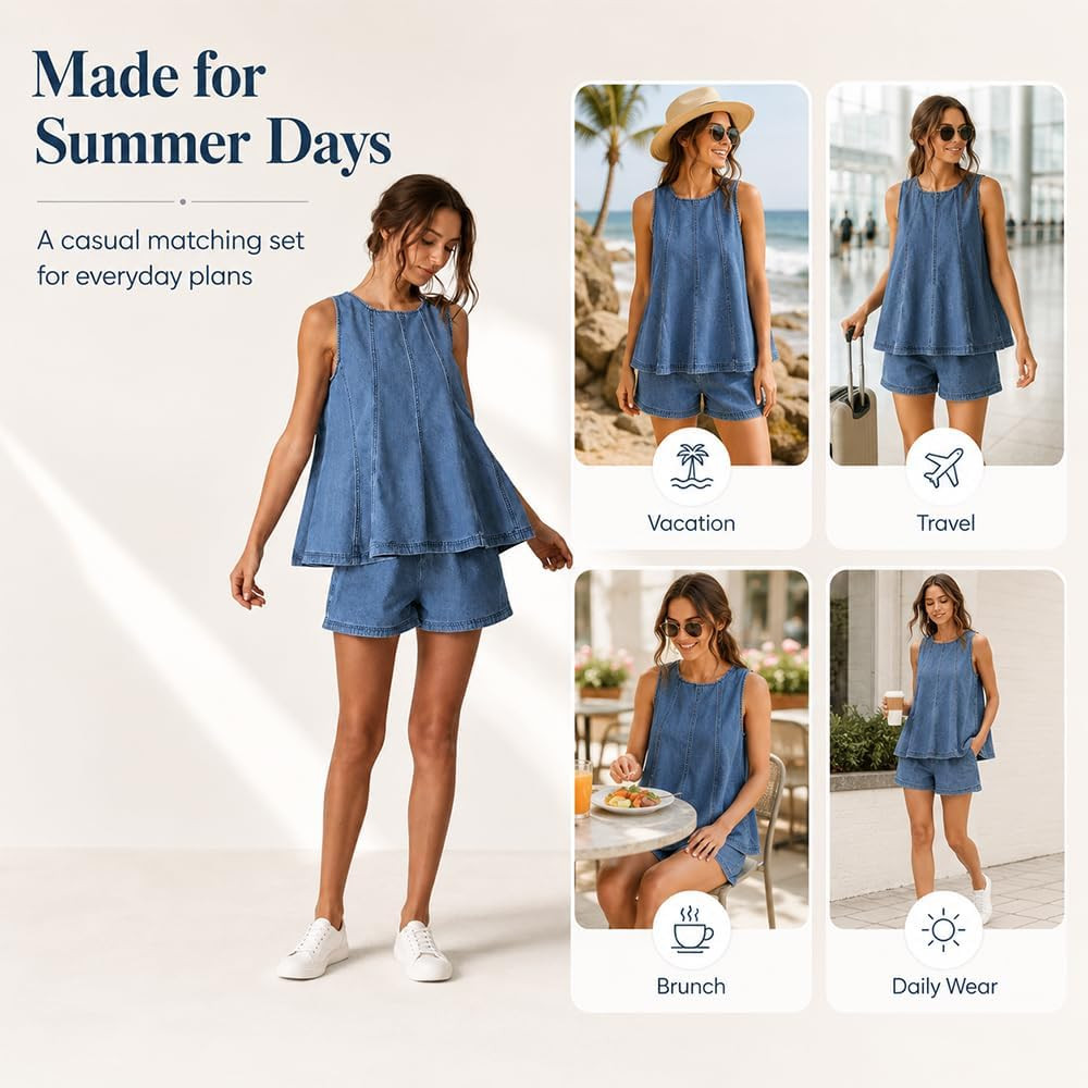 Denim Set for Women 2 Piece, Denim Two Piece Outfits for Women Sleeveless Flared Tank Top High Wa... | Amazon (US)