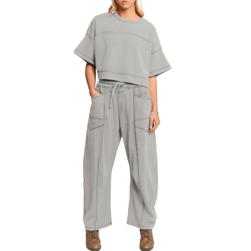 Womens 2 Pieces Sweatsuit Set Cropped Boxy T Shirt Drawstring Wide Leg Pant Travel Tracksuit Casu... | Amazon (US)