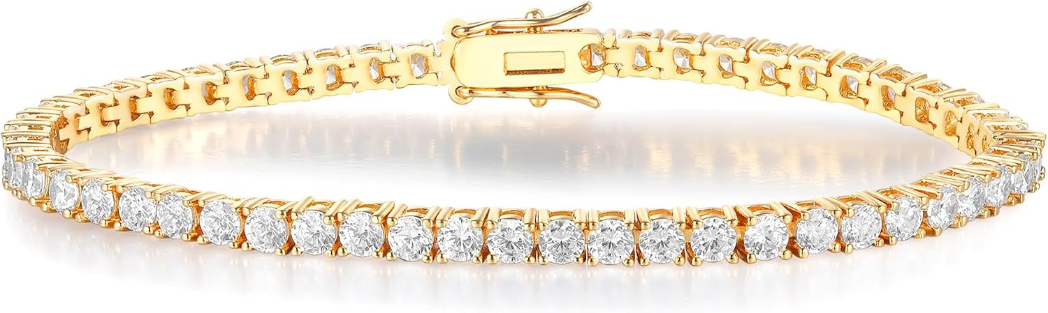 Tennis Bracelet for Women Men, White/Yellow Gold Plated 5mm Round Cubic Zirconia Classic Tennis Bracelet(6-8inch) | Amazon (US)