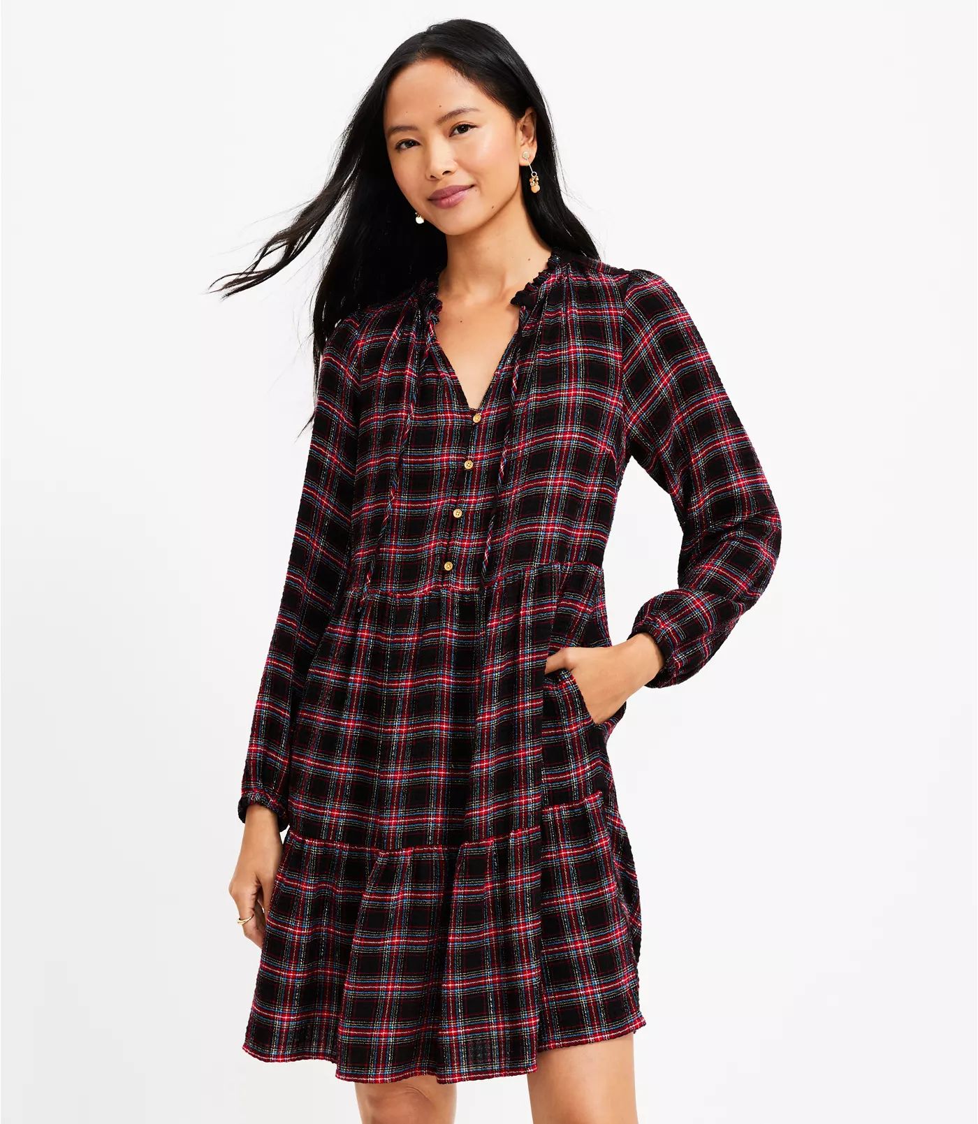 Shimmer Plaid Tiered Dress | LOFT