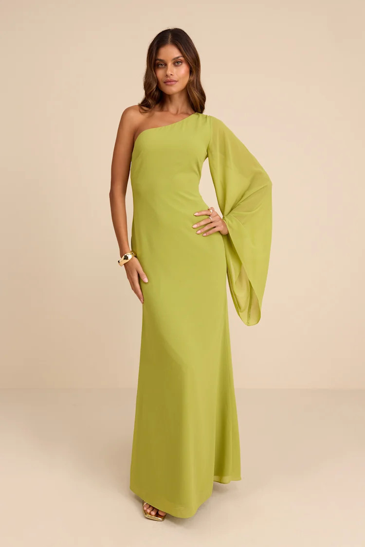 Elizabeth Lime Green One-Shoulder Bell Sleeve Maxi Dress | Lulus