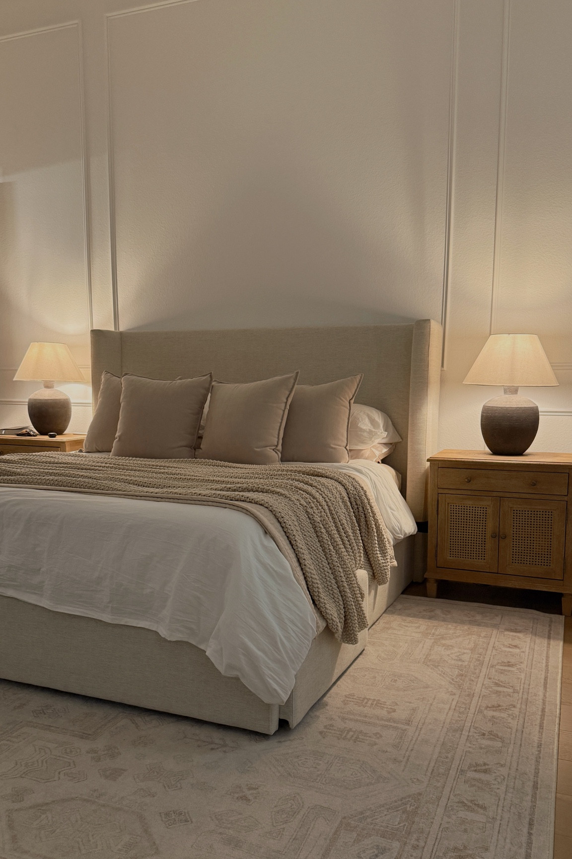 bedroom updates! 🤎

comforter: off white // square pillows: 26x26 // square pillow covers: 24x24, beige // bed frame: twill sand- tall. // 24” lamp 🤍