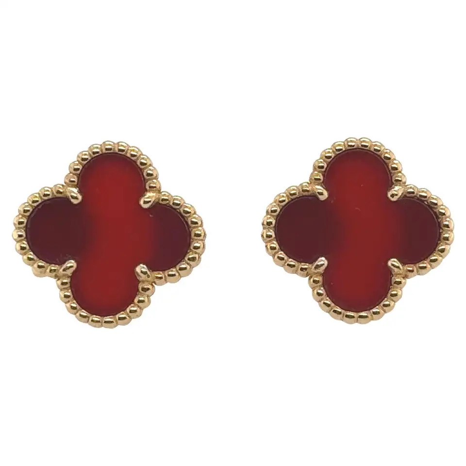 Van Cleef & Arpels 18k Gold and Carnelian Alhambra Earrings | 1stDibs