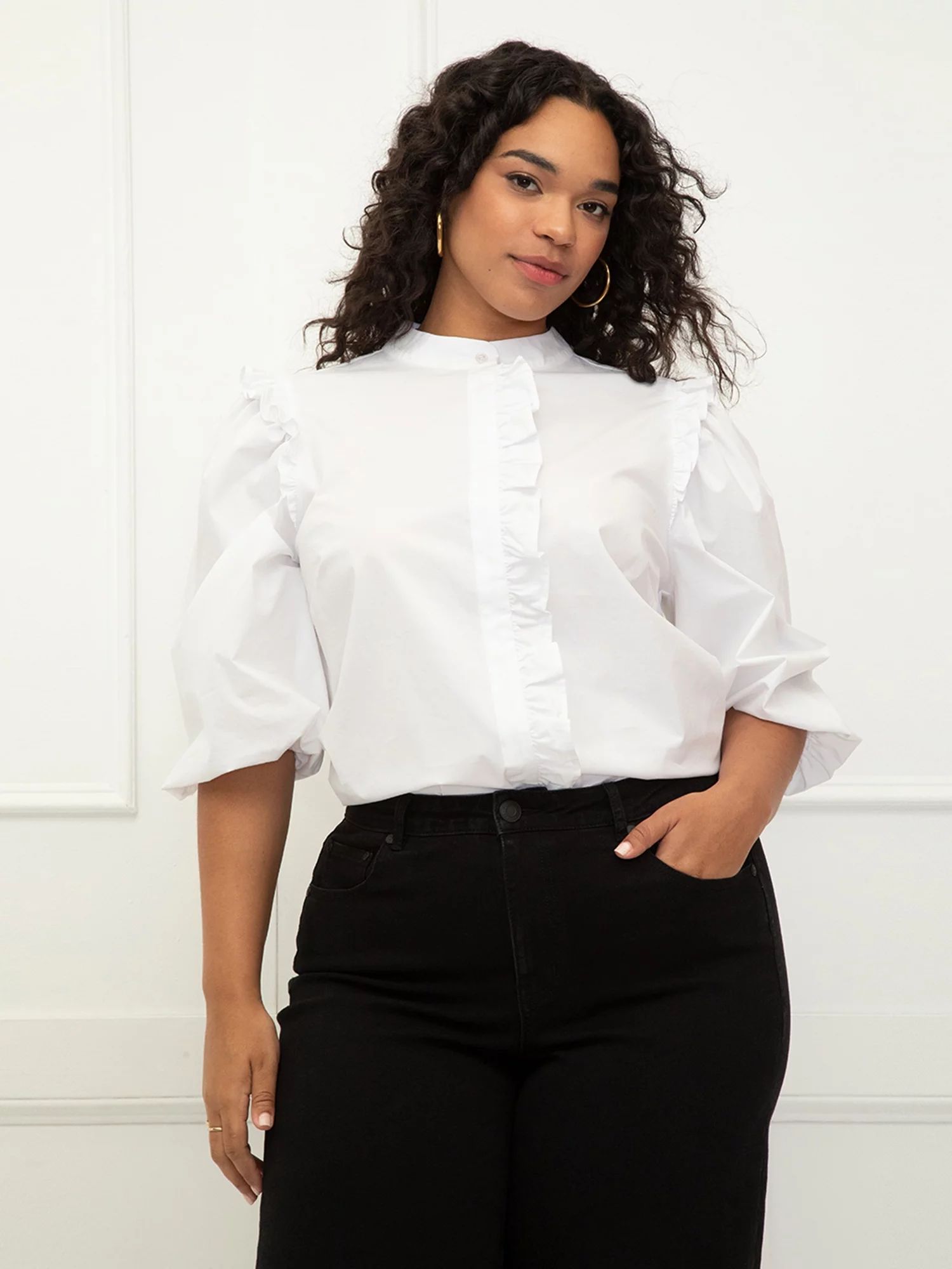 ELOQUII Elements Women's Plus Size Puff Sleeve Shirt With Ruffles | Walmart (US)