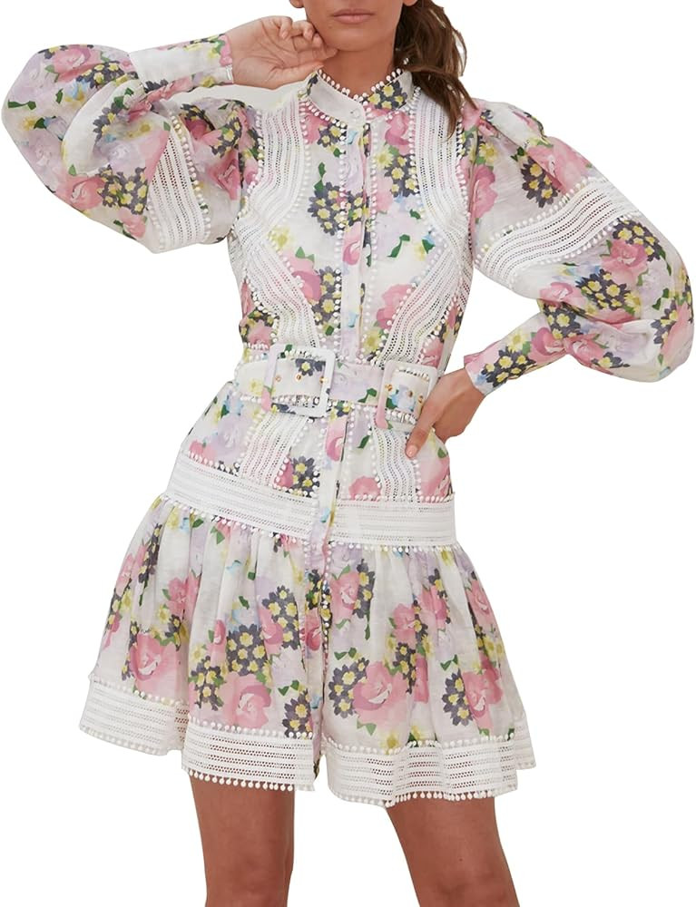 Women Floral Mini DressLace Trim Summer Dress Lamb Leg Sleeve Elegant Button Belt Ruffle Dress | Amazon (US)