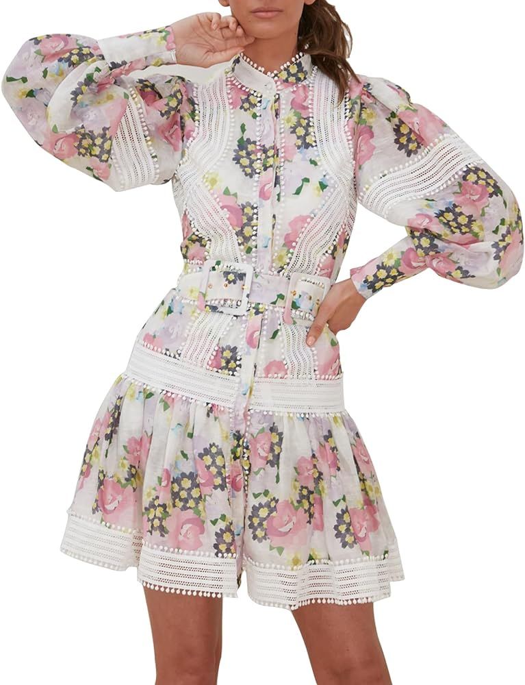 Women Floral Mini DressLace Trim Summer Dress Lamb Leg Sleeve Elegant Button Belt Ruffle Dress | Amazon (US)