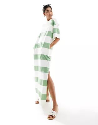 ASOS DESIGN oversized midaxi t-shirt dress in cream and green stripe | ASOS (Global)