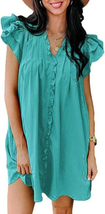 AlvaQ Womens Summer Dresses 2024 V Neck Ruffle Cap Short Sleeve Mini Dress Casual Flowy Pleated A... | Amazon (US)