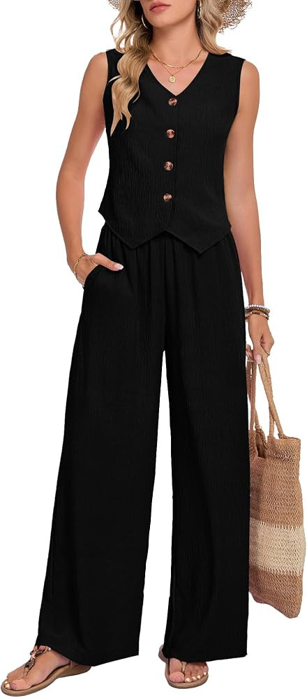 MOLERANI Women Linen 2 Piece Vest Blazer Wide Leg Pants Set | Amazon (US)