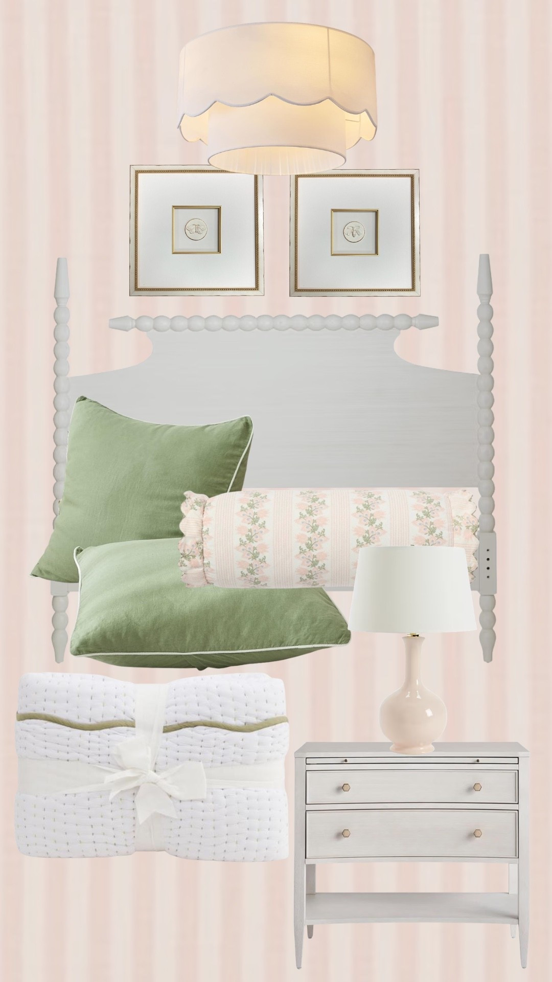 Girls room design • Amazon, Target, tj maxx mix 

Framed intaglios, floral bolster, pink and green, spindle headboard