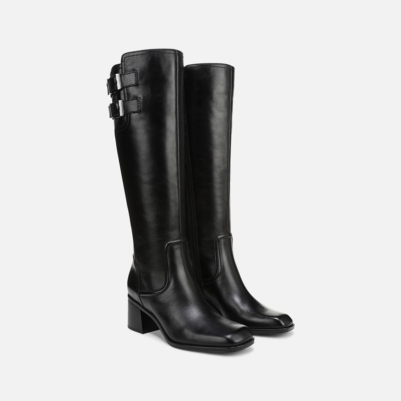 27 EDIT Idris Wide Calf Knee High Boots, Black Leather, 11.0W Block Heels, Zip Closure, Rubber Outsole | Naturalizer