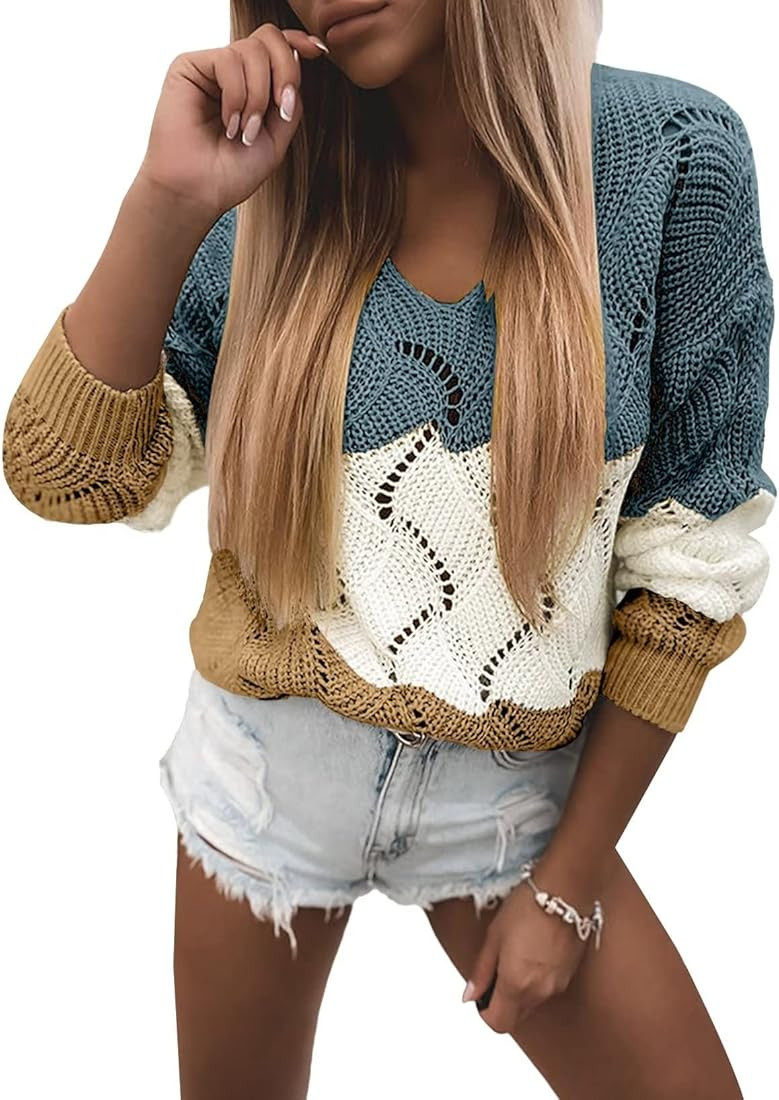Womens 2023 Cute Elegant Soft Crewneck Long Sleeve Hollow Cable Knit Pullover Sweaters | Amazon (US)