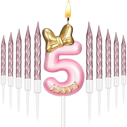 Pink Birthday Candle Girl,Number Birthday Cake Topper with 10 Pieces Rose Gold Birthday Candles Long | Amazon (US)
