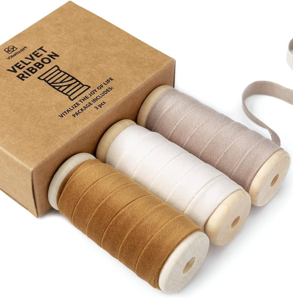 Vitalizart Velvet Ribbon Nude Ivory Set 3/8"" x 15Yd Wooden Spool Fabric Trim Eco-Friendly 3 Roll... | Amazon (US)
