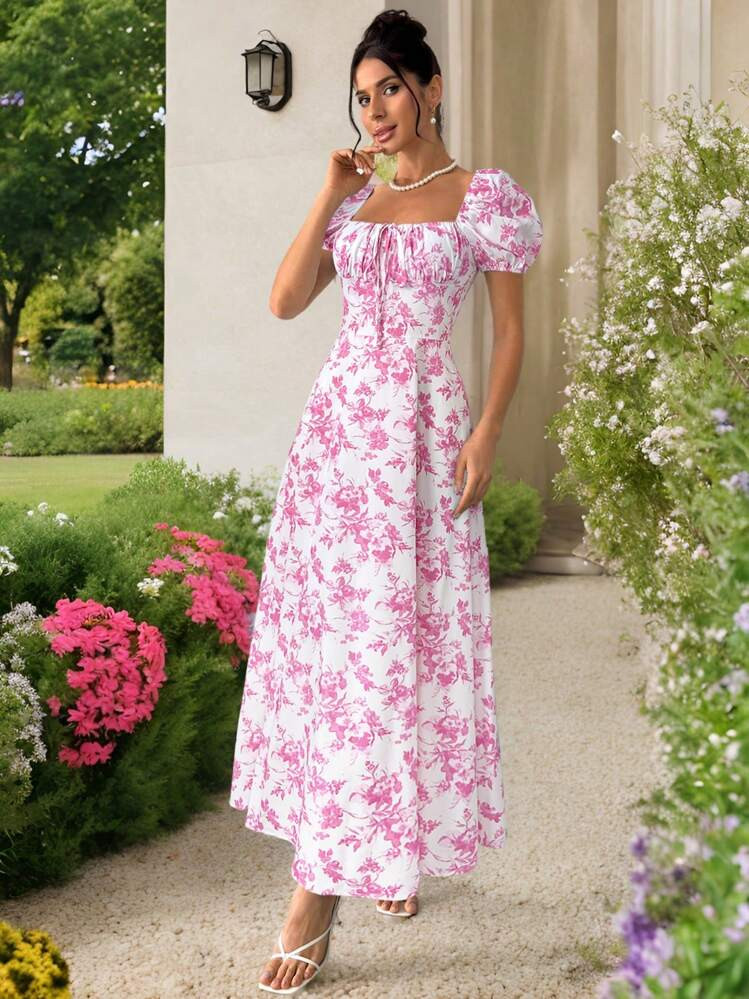 SHEIN Privé Women's Flowers Sexy Square Collar Puff Sleeve Floral Print Front Tie Dress,Bohemian Dress,Suitable For Valentine's Day, Concert, Performance, Date, Party, Gala, Wedding Season, Sexy, Elegant, Commute, Back To School, Vacation, Beach, Romantic | SHEIN