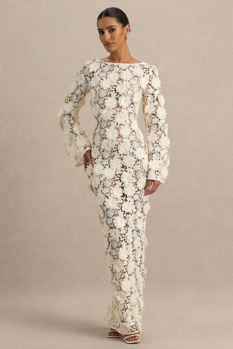 Viper | Cream Lace Long-Sleeve Maxi Dress | Club L London