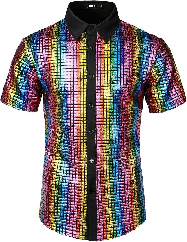 JOGAL Mens 70s Disco Costume Silver Sequins Short Sleeve Button Down Shirts | Amazon (US)