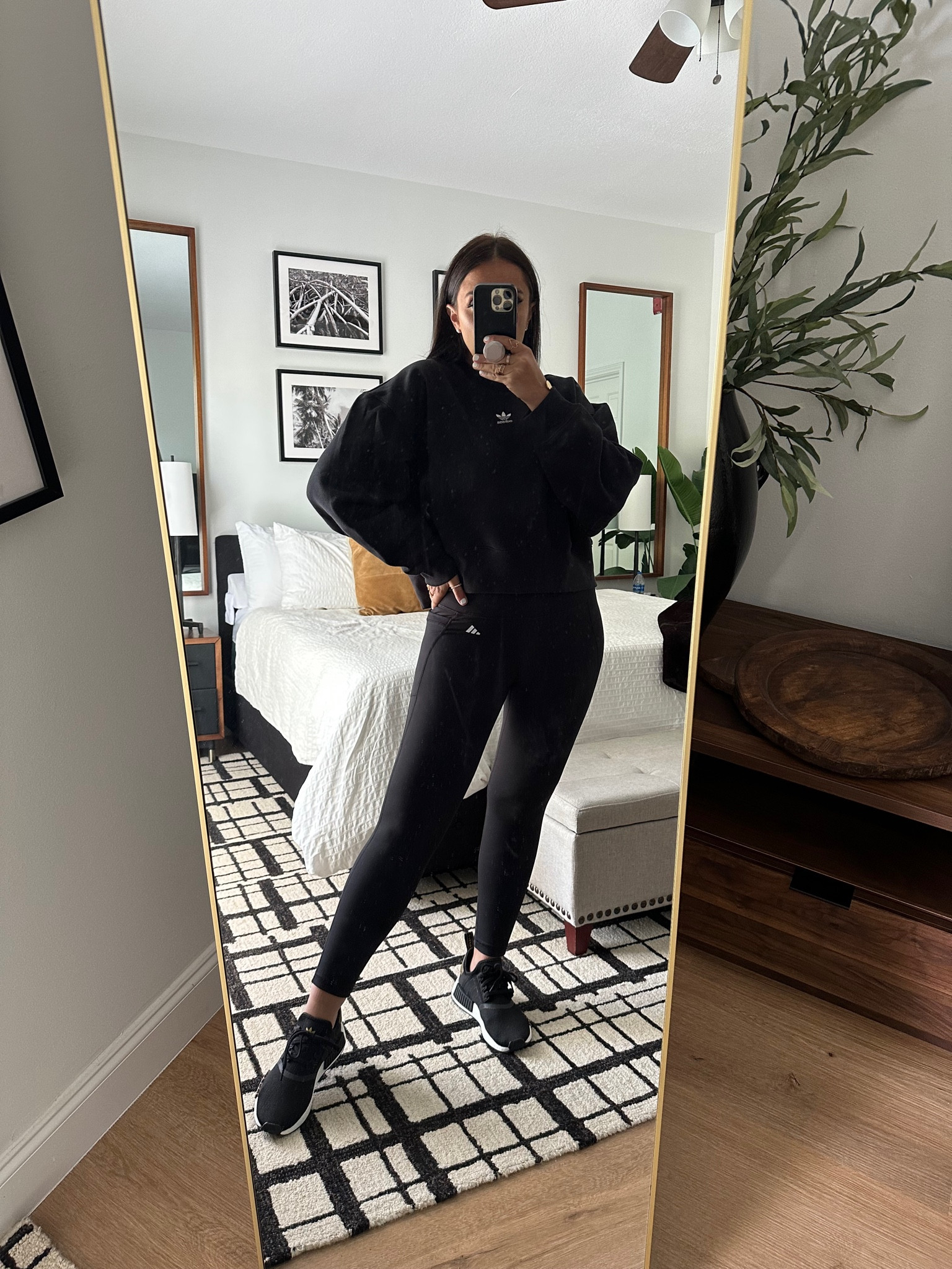 Adicolor Essentials Crew Sweatshirt wearing size medium. Optime Stash Pocket High-Waisted 7/8 Leggings wearing size medium. NMD_R1 Shoes
