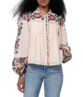 Isme Floral Printed Ruffled Crew Neck Long Sleeve Blouse | Dillard's
