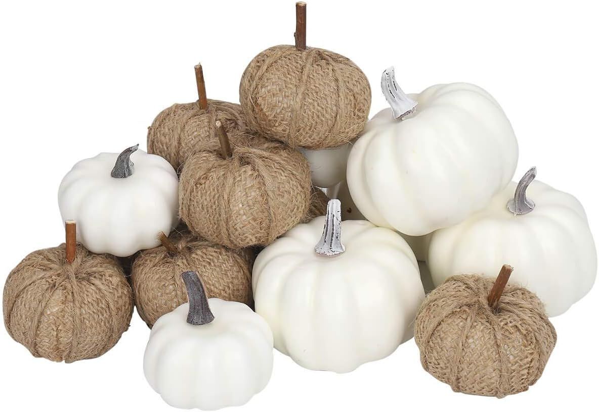 vensovo Fabric and White Pumpkins Assorted Size - 16PCS White Pumpkins and Burlap Pumpkins for Ru... | Amazon (US)