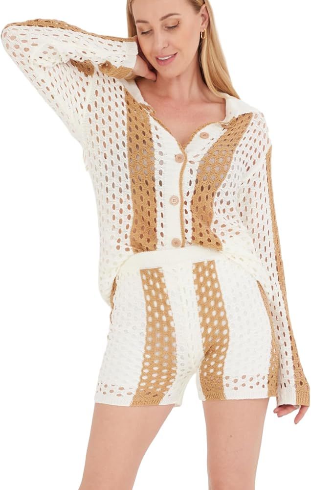 Ekaliy Crochet Sets Two Piece Women Long Sleeve Knit Button Down Shirt and Short Sets | Amazon (US)