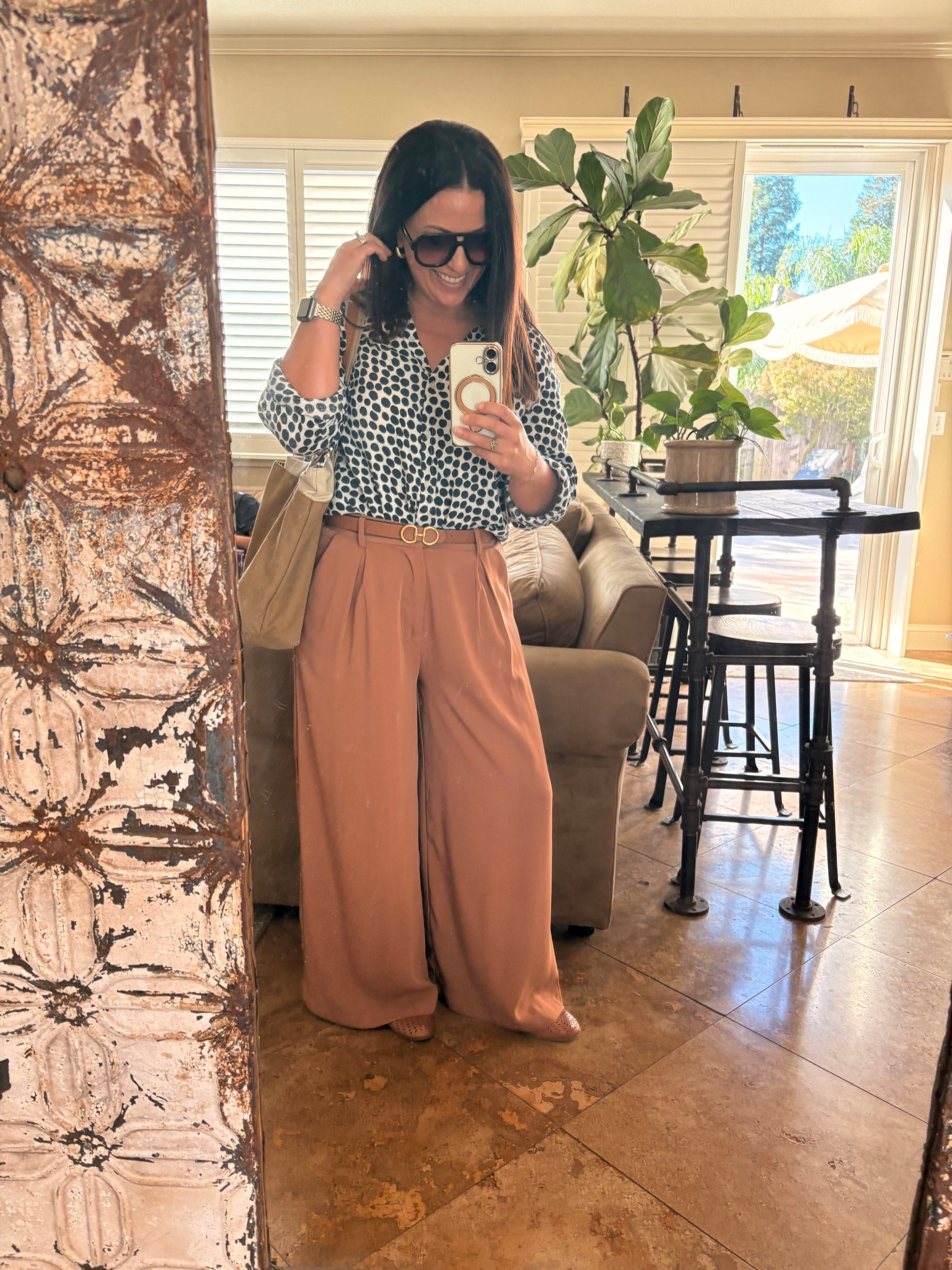 Today may be the warmest remaining day of 2025 for Northern California. I wore my favorite polkadot button down shirt and wide leg trousers, that are petite friendly. My flats are the comfiest for teaching. Wearing a small short in my pants. Size down if you wear a half size for these shoes. 

Fall outfit 
Fall style
Office work wear
Teacher style 

#LTKPetite #LTKSeasonal #LTKWorkwear