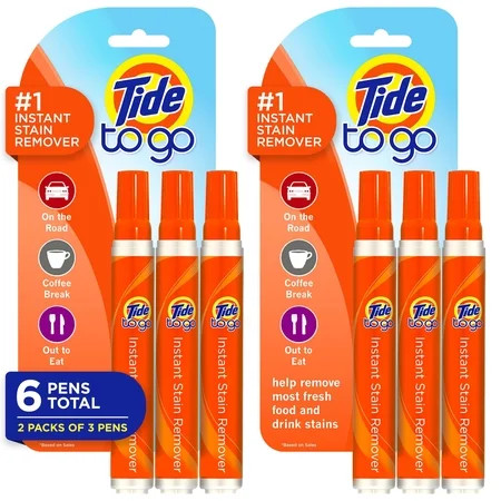 Tide Pen Stain Remover for Clothes Tide To Go Pen Instant Stain Remover Pen & Spot Cleaner Portable & Travel-Friendly Works on Food & Drink Stains Fits in Purses & Bags 3 Count (Pack of 2) | Walmart (US)
