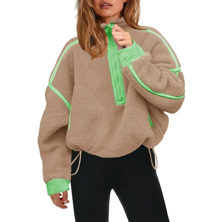 PUWEI Women's Fleece Sherpa Pullover Oversized Half-Zip Sweatshirt Warm Fuzzy Sweater with Pocket... | Walmart (US)