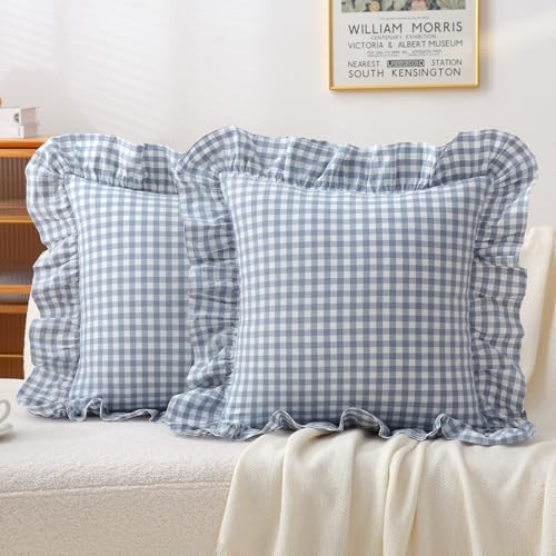 Jilboo Dusty Blue Gingham Throw Pillow Covers 20x20, Ruffle Trim, Set of 2 | Amazon (US)