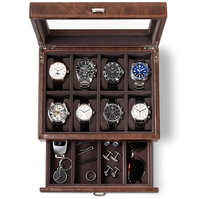 TAWBURY Leather Watch Box for Men - 12 Slot Watch Case with Valet | Mens Watches Storage | Large ... | Amazon (US)