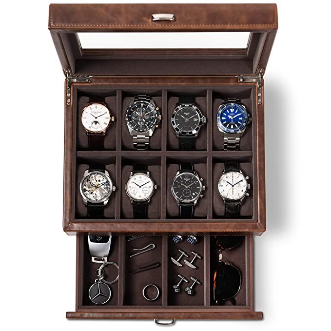 TAWBURY Leather Watch Box for Men - 12 Slot Watch Case with Valet | Mens Watches Storage | Large ... | Amazon (US)