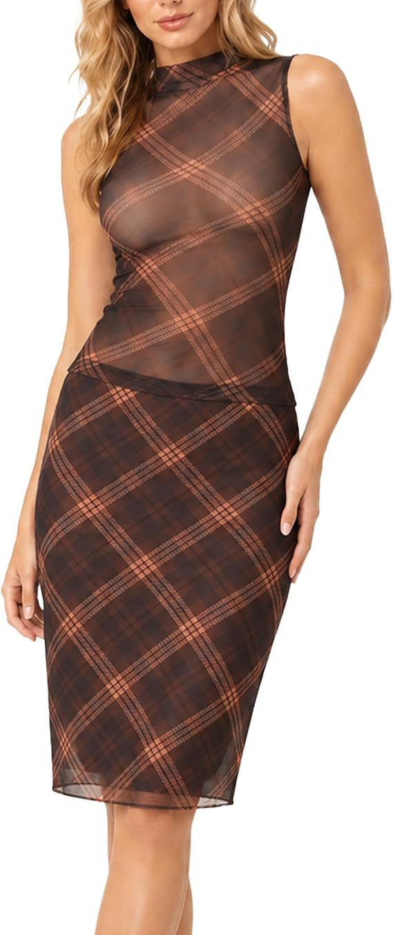 Womens Plaid Mesh Skirt Set, Sheer Slim Tank Top And Midi Skirt | Amazon (US)