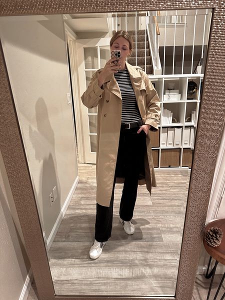 Casual style feat. Beige trench coat, striped top, black cargo pants (low-rise), white sneakers. 

#casualstyle #trenchcoat #casualworkwear #workwear #casualofficeoutfit #cargopants

#LTKstyletip #LTKunder100 #LTKworkwear