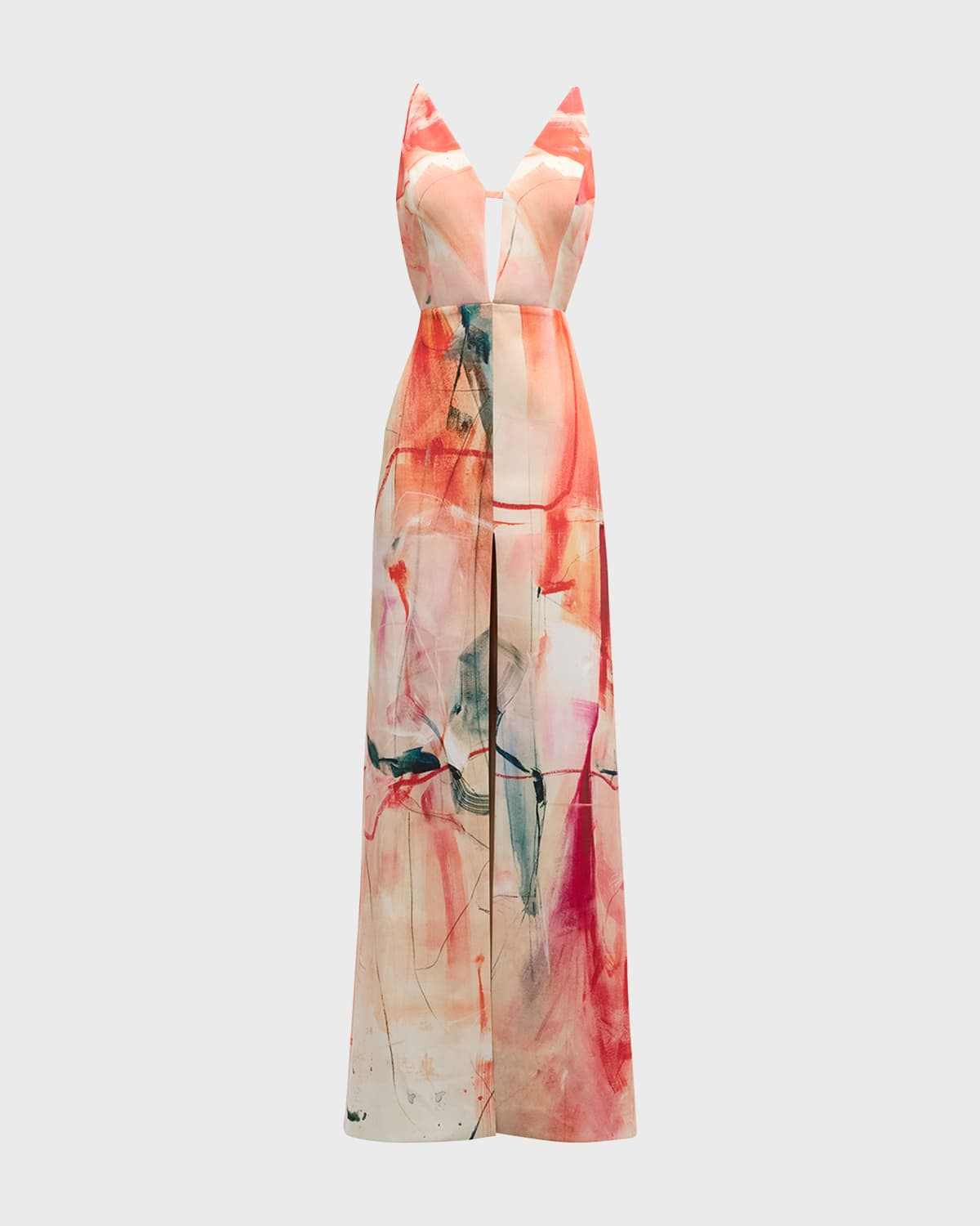 Plunging Abstract-Print Backless Silk Crepe Gown | Neiman Marcus