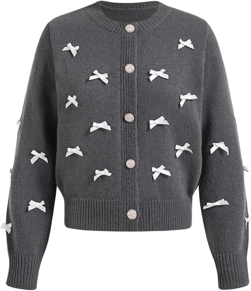 MakeMeChic Women's Bow Knot Button Down Cardigans Long Sleeve Round Neck Sweater Tops | Amazon (US)